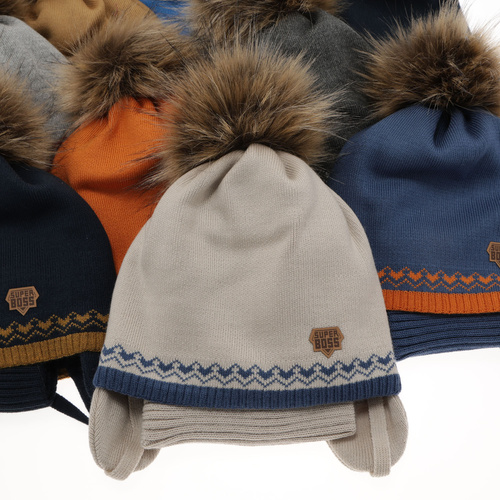 Winterset für Jungen: Mütze und Schlauchschal mit Bommel in Grau Elpis