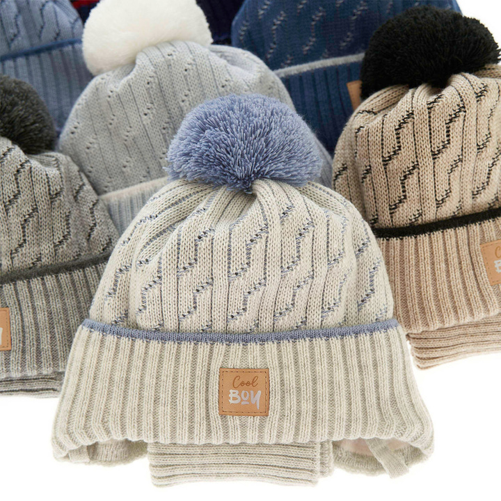 Winterset Jungen: Mütze und Schlauchschal mit Bommel Blau Pikolo