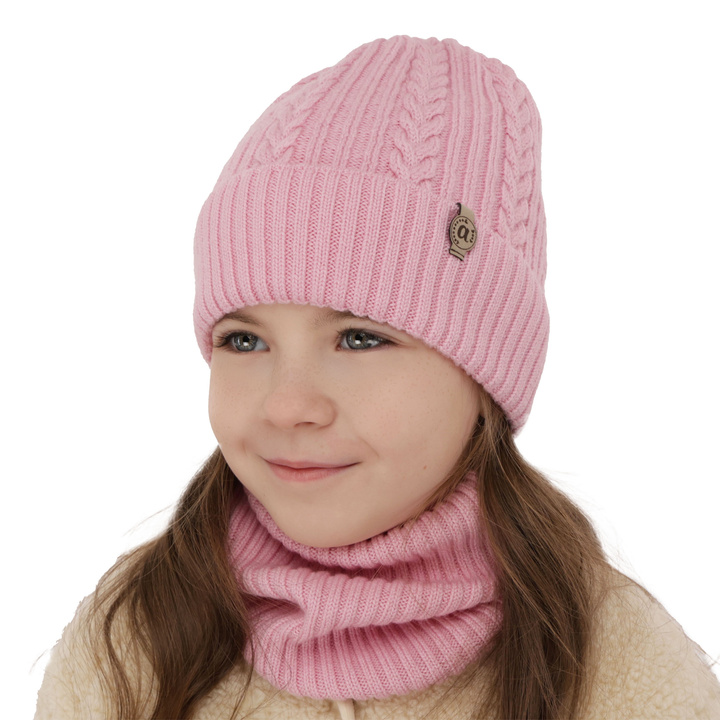 Winterset Mädchen: Mütze und Schlauchschal aus 100% extrafeiner Merinowolle in Rosa Jenny