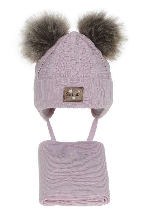 Winterset Mädchen: Mütze mit glänzendem Faden (Lurex) und Schal mit zwei Bommeln Violett Klarita