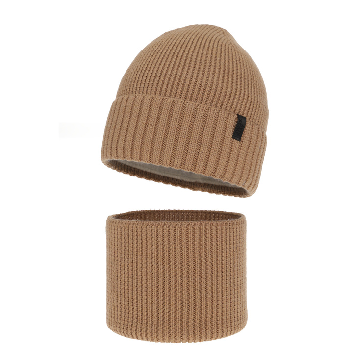 Mütze und Schlauchschal für Jungen, Winterset, 100% Merinowolle, mit Merinowolle-Futter, Camel Harbin