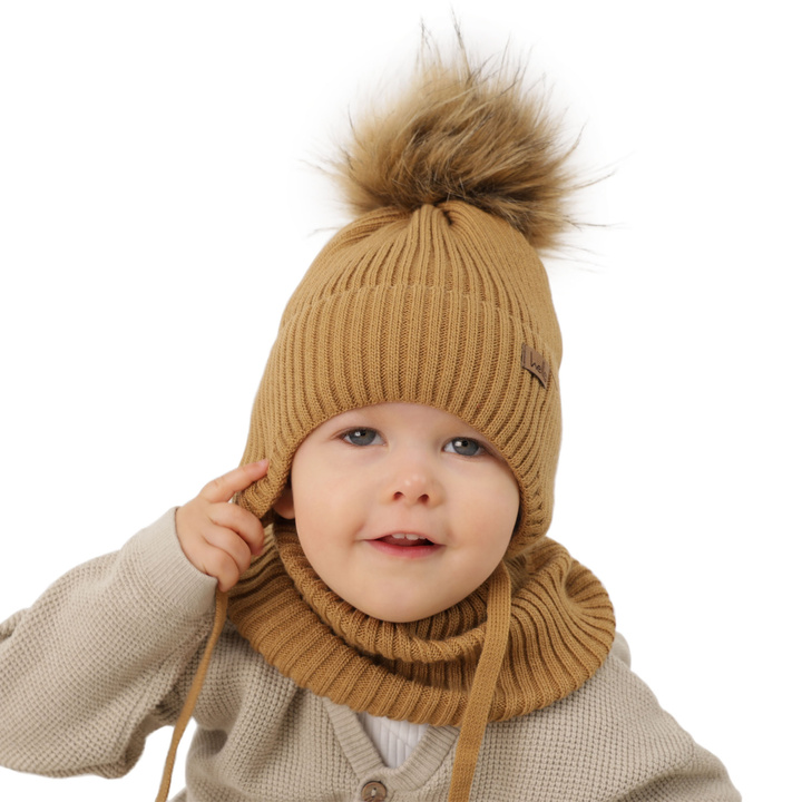 Winterset für Jungen: Mütze und Schlauchschal mit Bommel in Beige Bergo