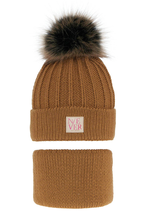 Winterset Mädchen: Mütze und Schlauchschal mit Bommel Camel Tulia