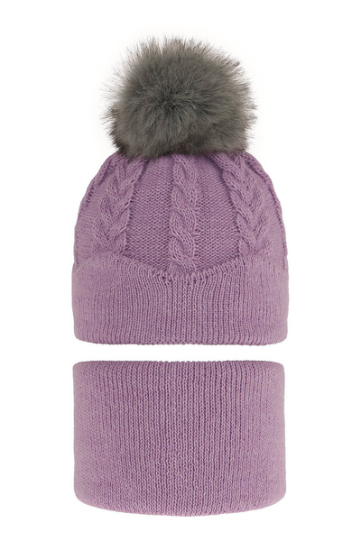 Winterset Mädchen: Mütze und Schlauchschal mit Bommel Violett Etula