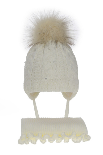 Winterset Mädchen: Mütze und Schal mit Bommel Cremefarben Mirella