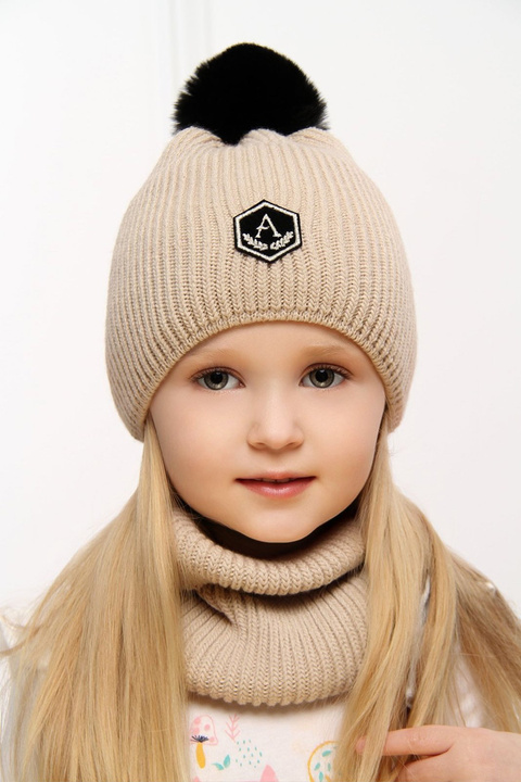 Winterset Mädchen: Mütze und Schlauchschal mit Bommel Beige Franka