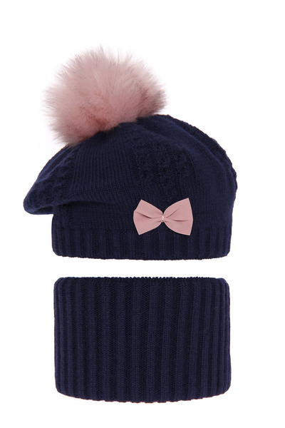 Winterset Mädchen: Mütze und Schlauchschal mit Bommel Navy Blau Amora
