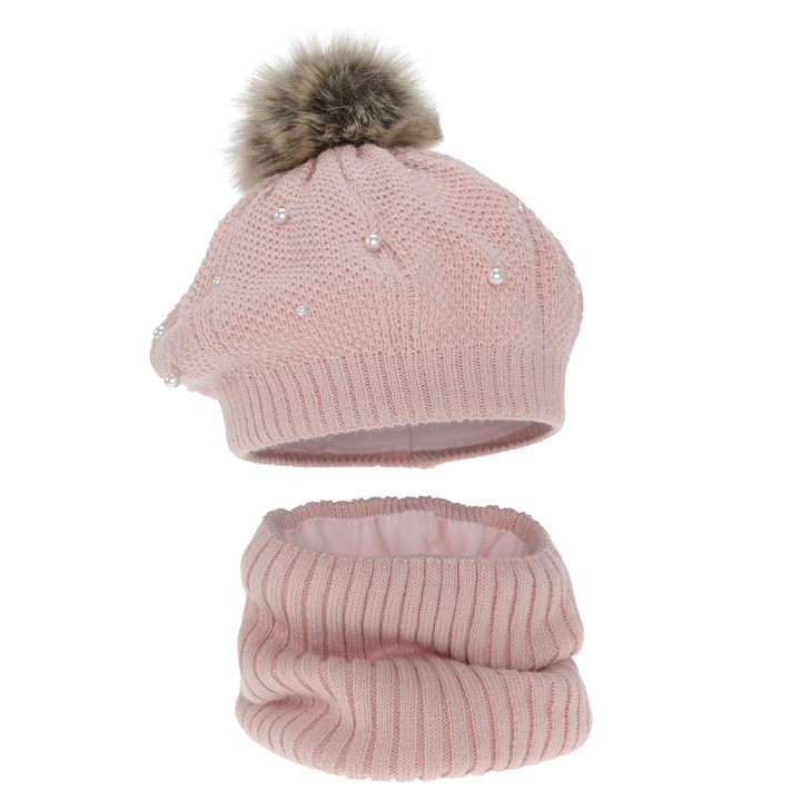 Winterset Mädchen: Beret und Schlauchschal, rosa, Fleecefutter, mit Bommel, Jeanette