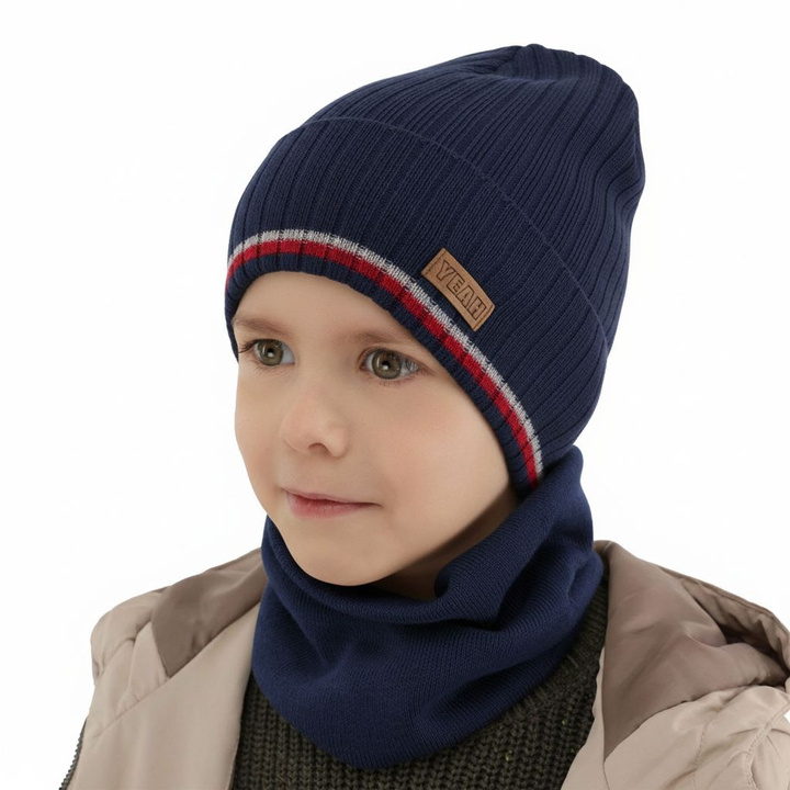 Herbst und Frühlingsset Jungen: Mütze und Schlauchschal, mit Baumwolle, Navy Blau London