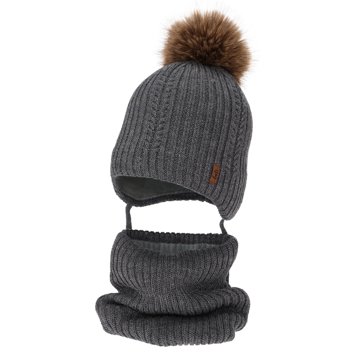 Mütze und Halswärmer für Jungen, Winter-Set, Grau, mit Merinowolle, zum Binden Zongo