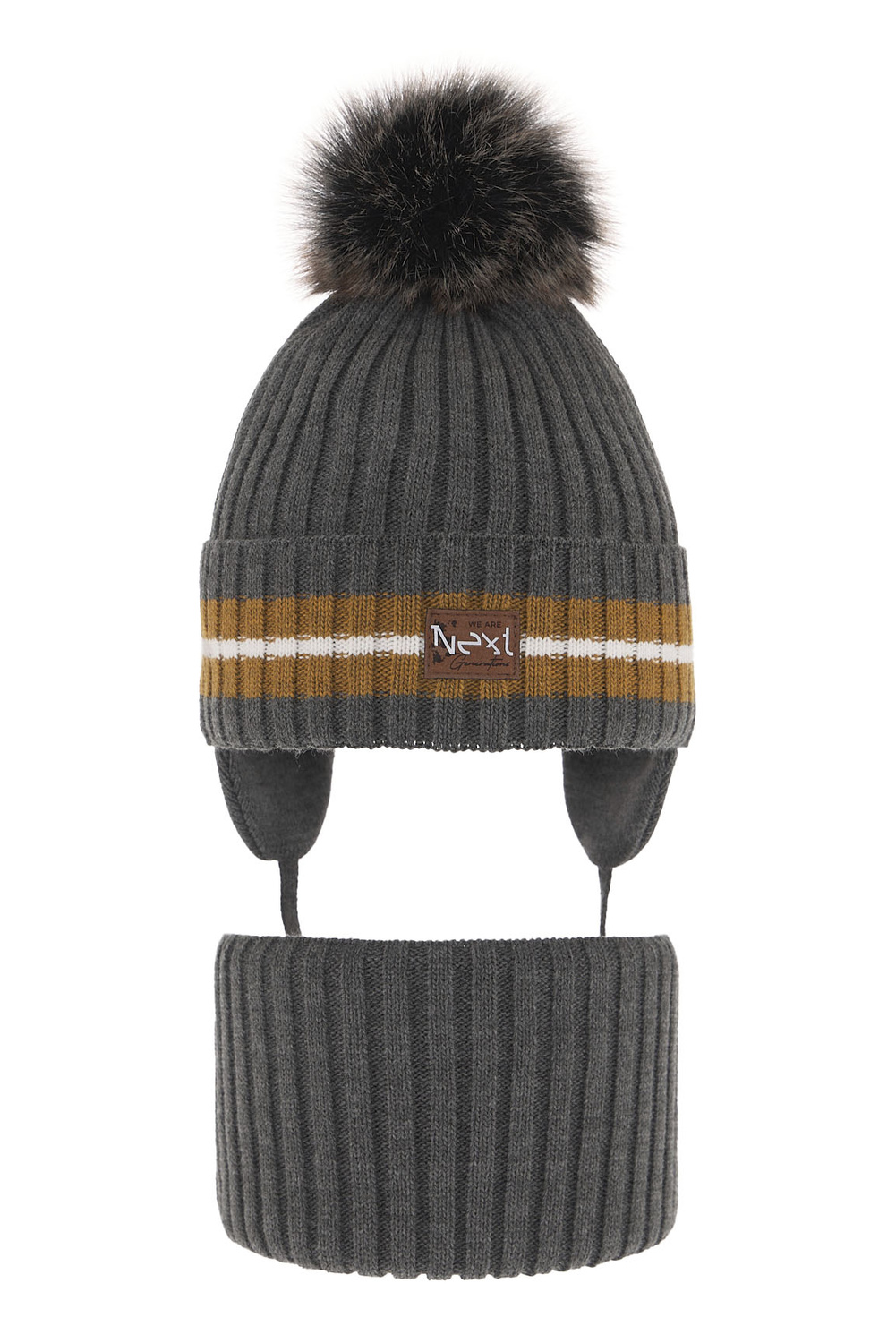 Winterset für Jungen: Mütze und Schlauchschal mit Bommel in Grau Echo