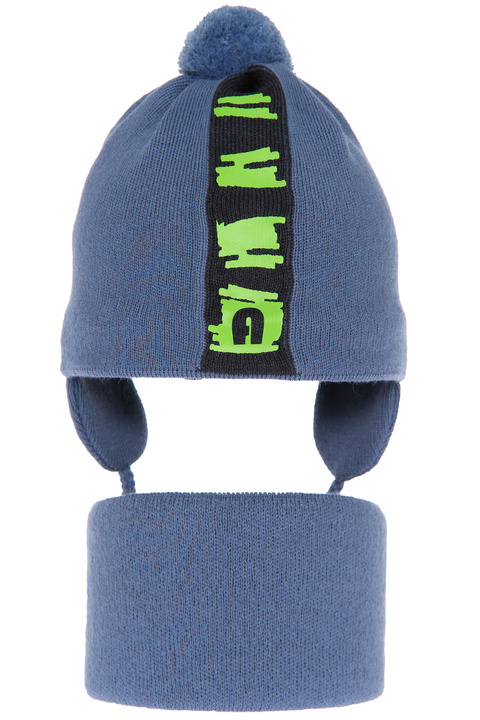 Herbst und Frühlingsset Jungen: Mütze und Schlauchschal mit Bommel Blau Saper