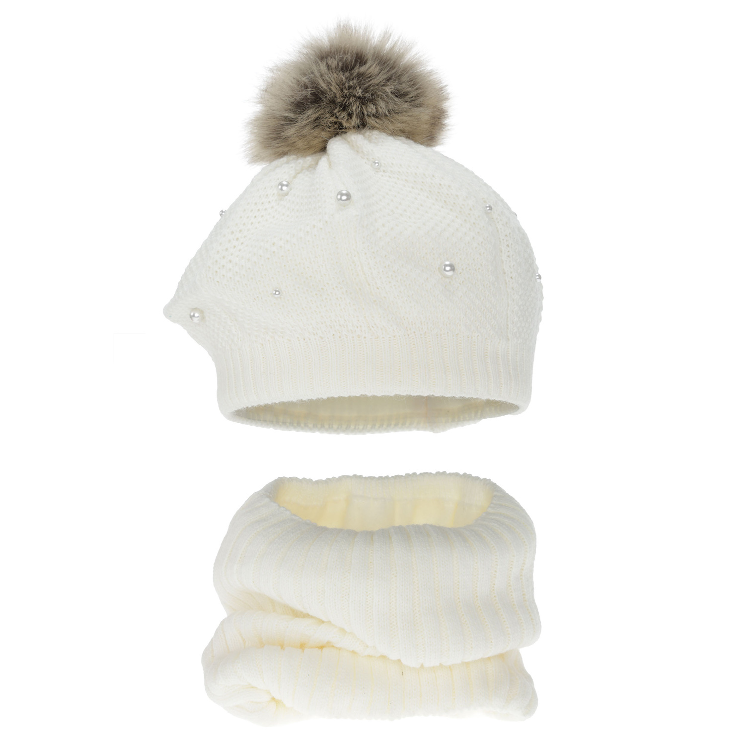 Winterset Mädchen: Beret und Schlauchschal, mit Fleecefutter, cremeweiß, mit Bommel, Jeanette