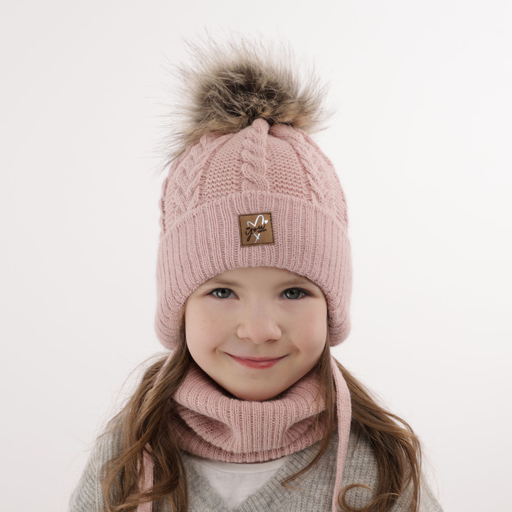 Winterset für Mädchen: Mütze und Schlauchschal mit Bommel in Rosa Finess