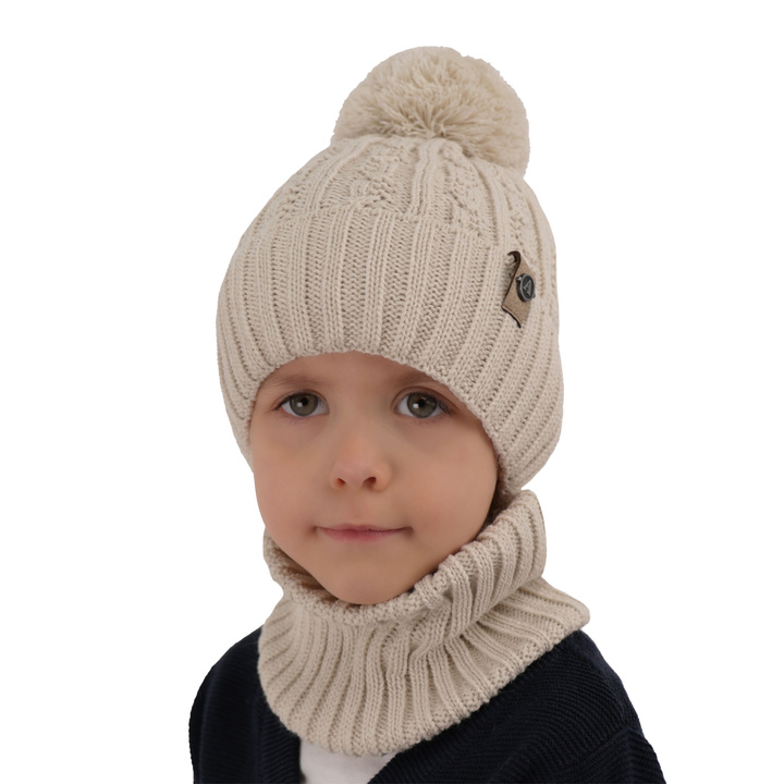 Winterset für Jungen: Mütze und Schlauchschal mit Bommel in Orange Almond