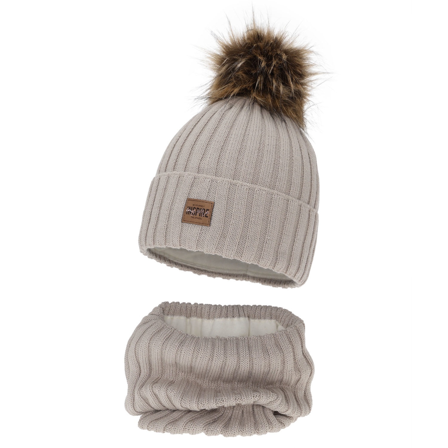 Winterset Mädchen: Mütze und Schlauchschal, beige, gefüttert mit Fleece, mit Merinowolle, Bellina