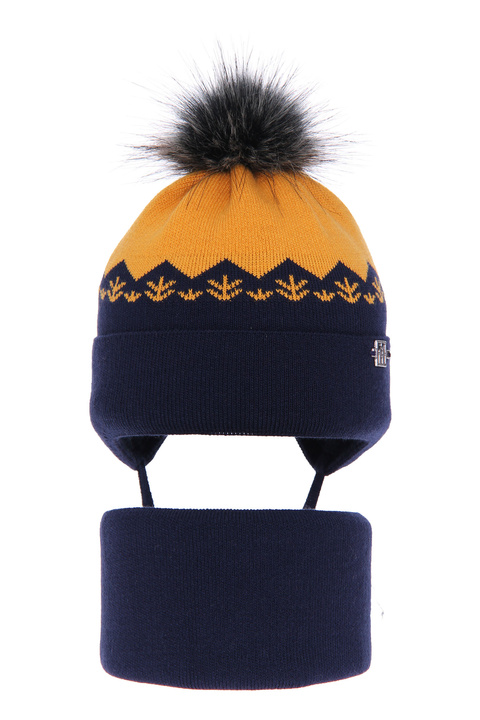 Winterset Jungen: Mütze und Schlauchschal mit Bommel Navy Blau Awers