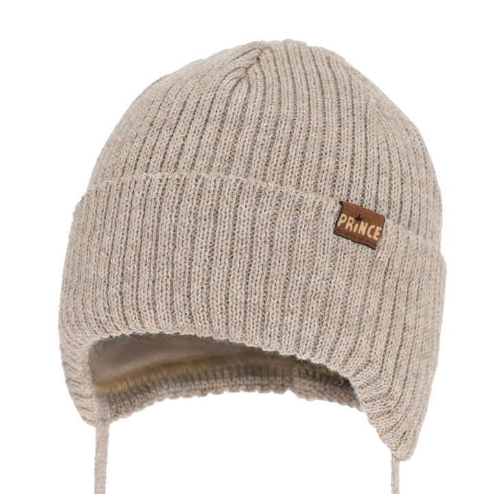 Wintermütze Jungen, beige, zum Binden, mit Merinowolle, Puser