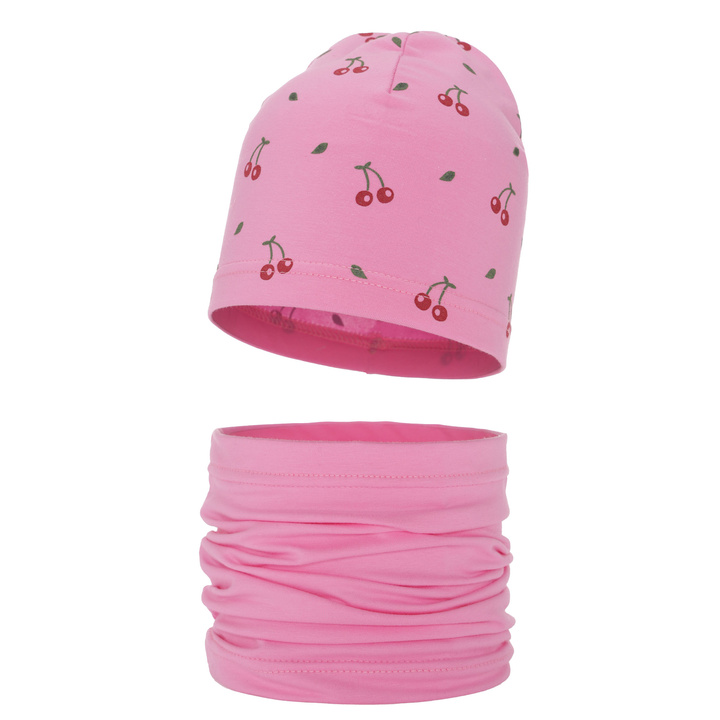 Herbst und Frühlingsset Mädchen baumwolle: Mütze und Schlauchschal Rosa Cerise
