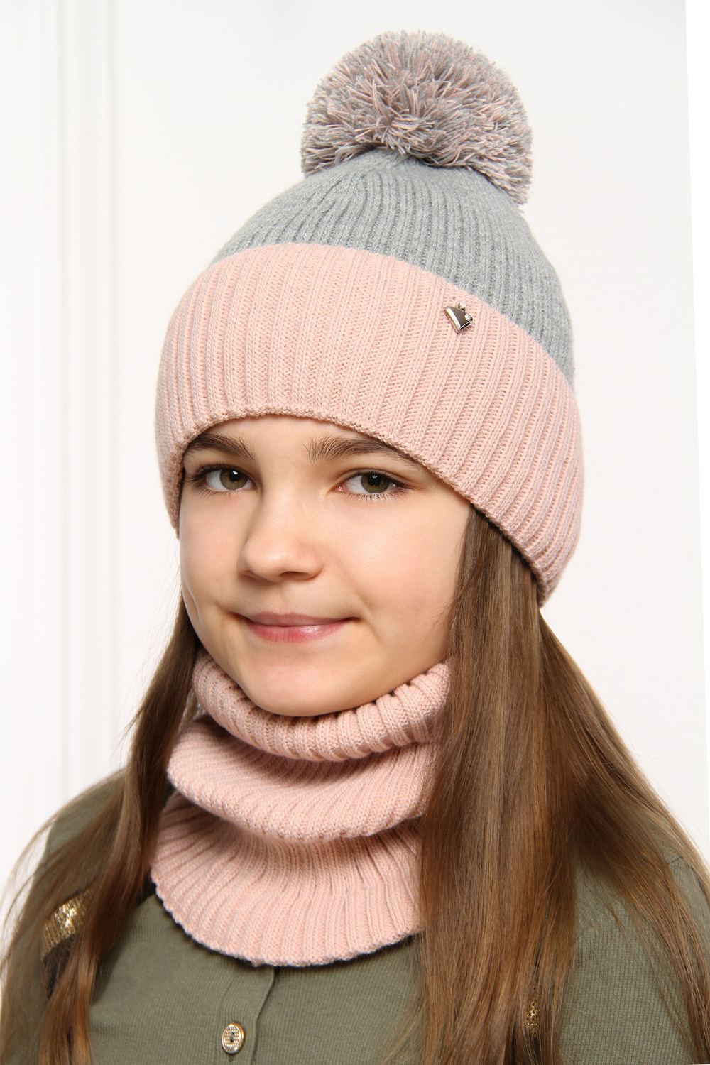 Winterset Mädchen: Mütze und Schlauchschal mit Bommel Grau Kolumbina