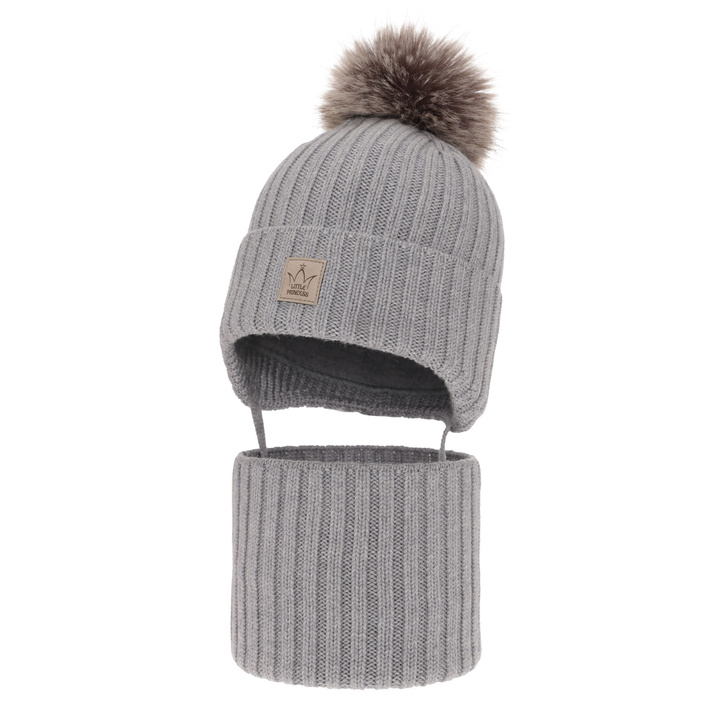 Winterset Mädchen: Mütze und Schlauchschal aus 100% extrafeiner Merinowolle, gefüttert mit Wollfleece in Grau Martina