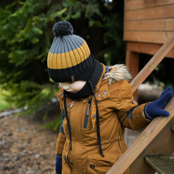 Winterset Jungen: Mütze und Schlauchschal mit Bommel Senffarben Hary