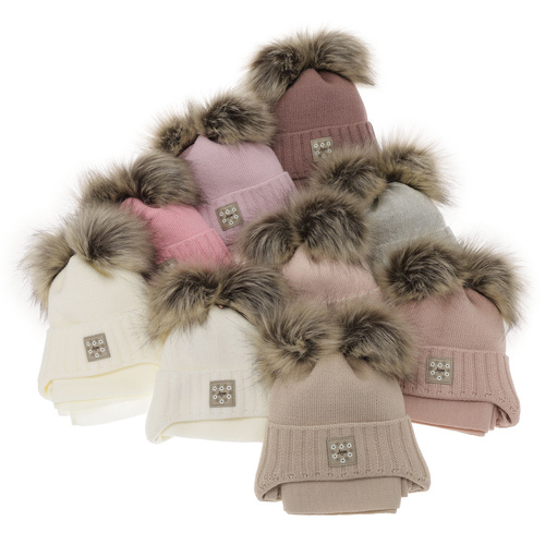 Winterset Mädchen: Mütze und Schal mit zwei Bommeln Beige Jazz