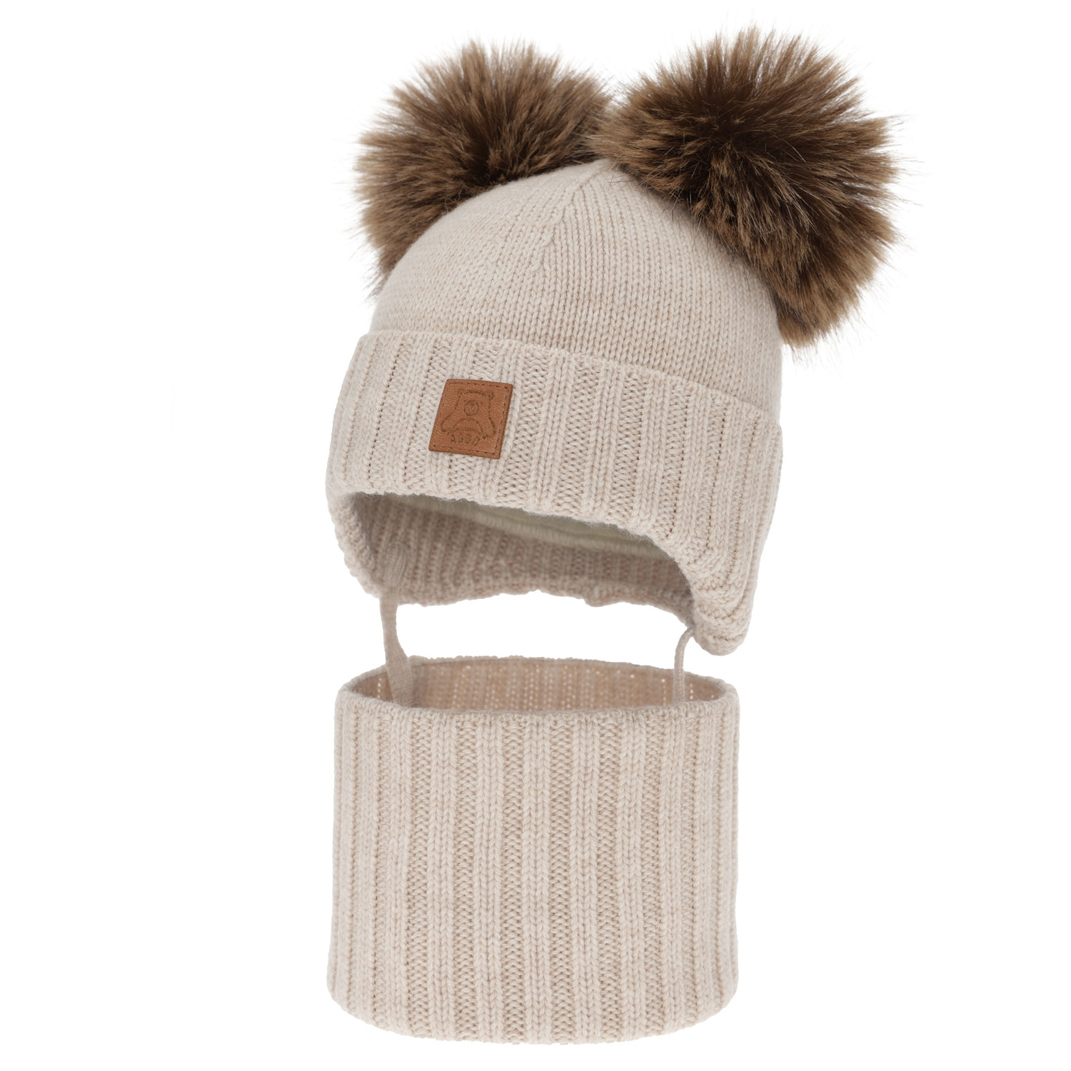 Jungen Mütze und Schal, Winter Set, hellbeige, 100% Merinowolle, gefüttert mit Wollfleece, Ronik