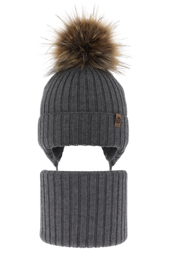 Winterset für Jungen: Mütze und Schlauchschal aus 100% extrafeiner Merinowolle in Grau Juno