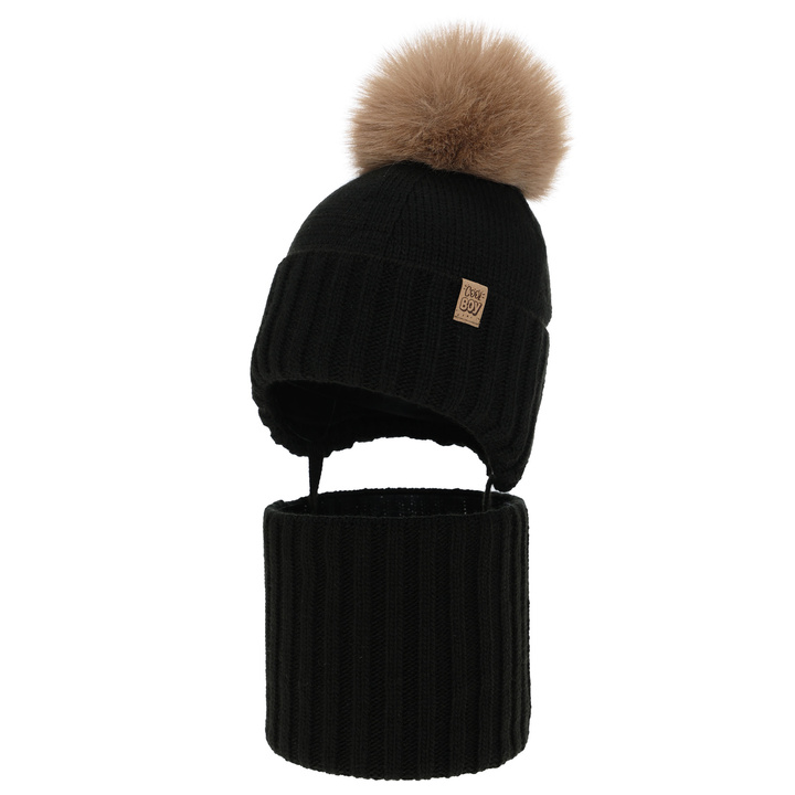 Winterset für Jungen: Mütze und Schlauchschal, mit Bommel, Schwarz, Talens