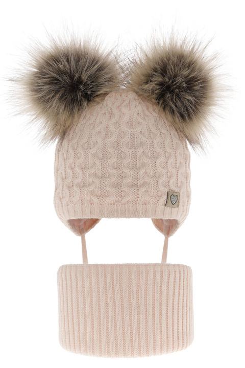 Winterset für Mädchen: Mütze und Schlauchschal mit zwei Bommeln in Rosa Poliana