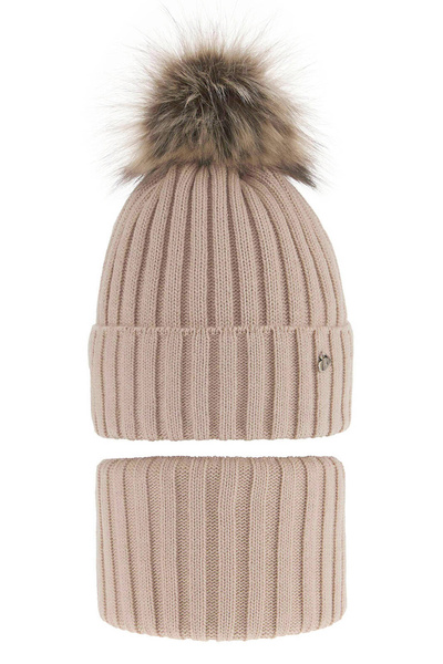 Winterset Mädchen: Mütze und Schlauchschal mit Bommel Beige Wilma