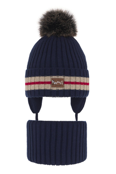 Winterset für Jungen: Mütze und Schlauchschal mit Bommel in Navy Blau Echo