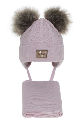 Winterset Mädchen: Mütze mit glänzendem Faden (Lurex) und Schal mit zwei Bommeln Violett Klarita