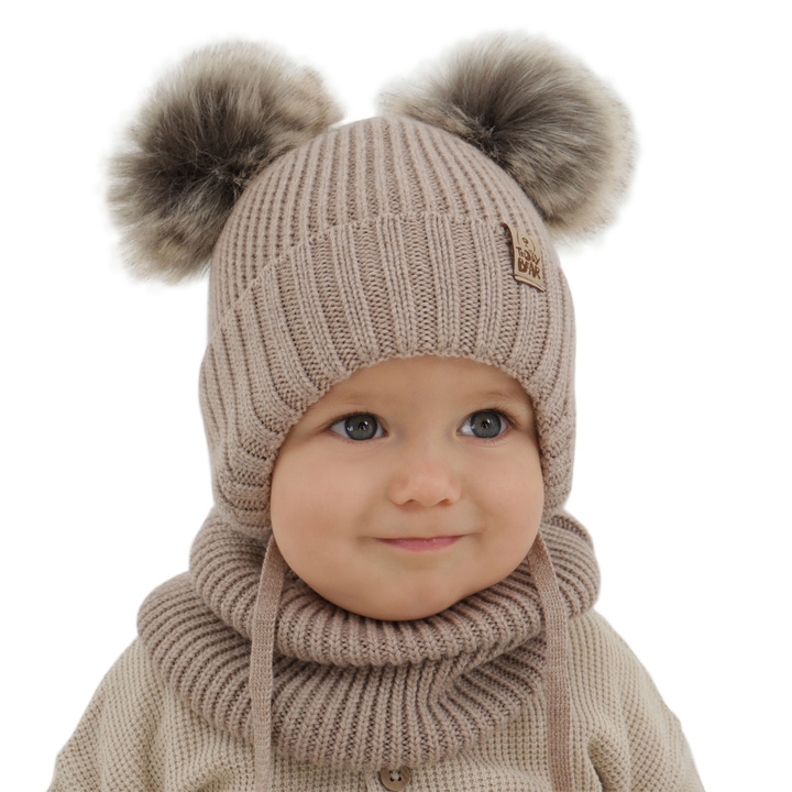 Winterset für Jungen: Mütze und Schlauchschal aus 100% extrafeiner Merinowolle in Beige Konor