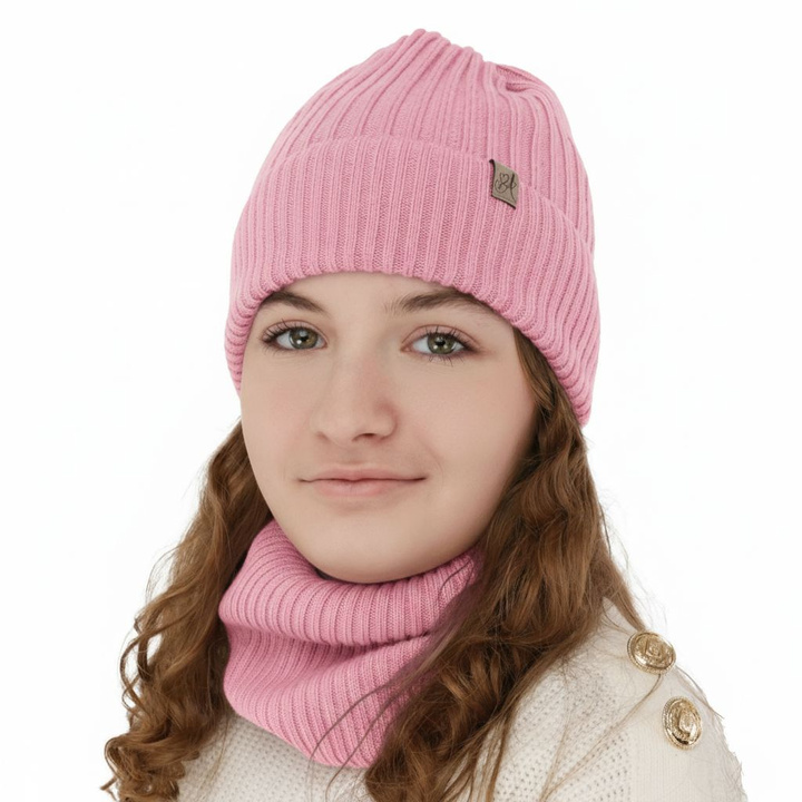 Winterset Mädchen: Mütze und Schlauchschal aus 100% Merinowolle, Rosa, Patricia
