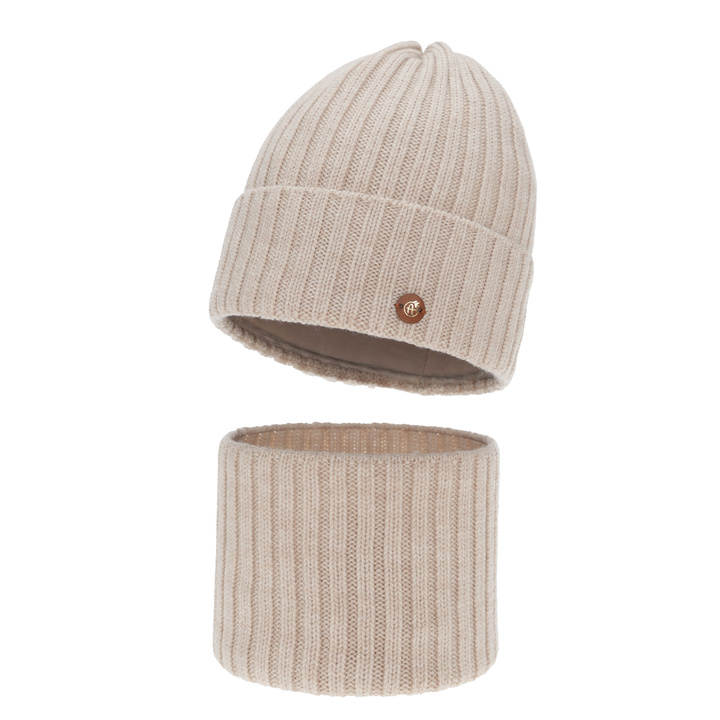 Winterset Mädchen: Mütze und Schlauchschal, beige, 100% Merinowolle, Baumwollfutter, Vanira