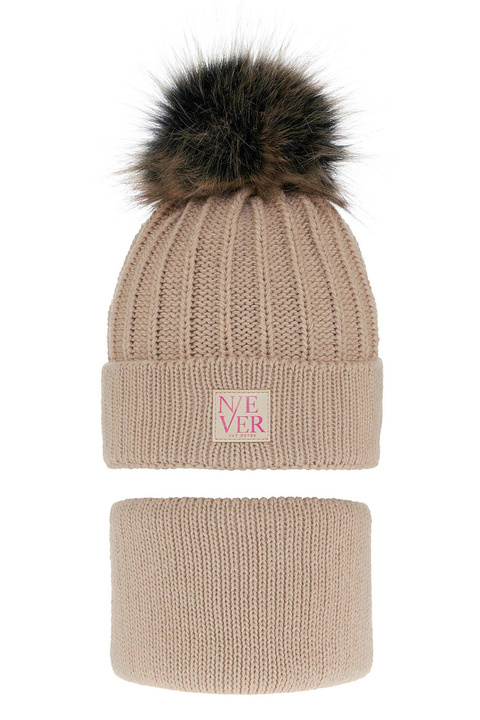 Winterset Mädchen: Mütze und Schlauchschal mit Bommel Beige Tulia