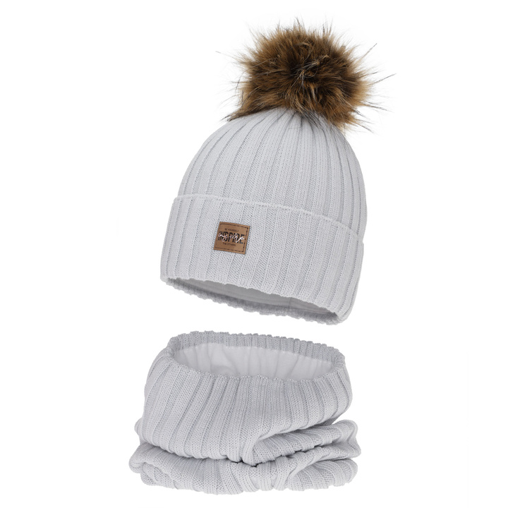 Winterset Mädchen: Mütze und Schlauchschal, grau, gefüttert mit Fleece, mit Merinowolle, Bellina