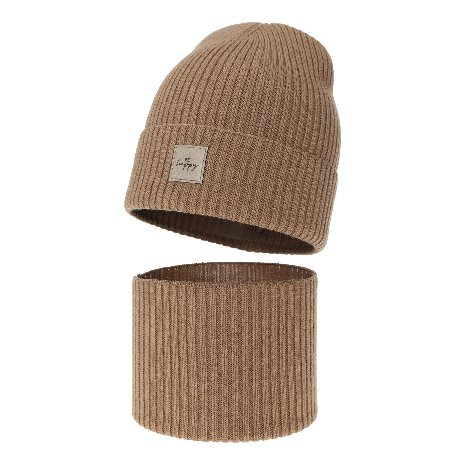 Herbst und Frühlingsset Mädchen: Mütze und Schlauchschal, 100% Merinowolle, Camel, Vanita