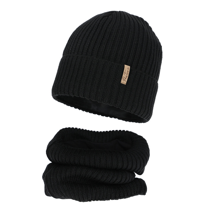 Mütze und Schlauchschal mit Fleecefutter für Mädchen, Winter, schwarz, mit Merinowolle, Odette