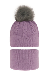 Winterset Mädchen: Mütze und Schlauchschal mit Bommel Violett Etula