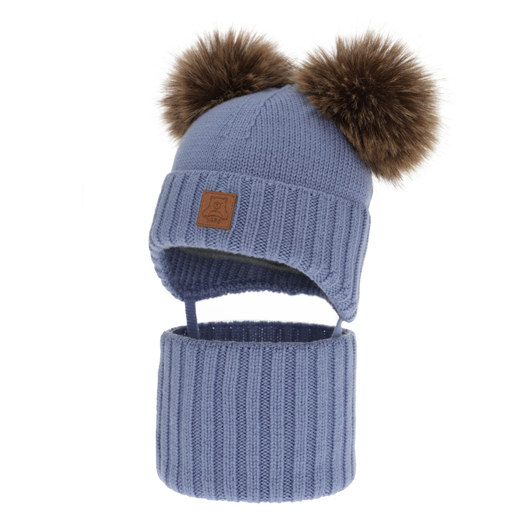 Jungen Mütze und Schal, Winter Set, blau, 100% Merinowolle, gefüttert mit Wollfleece, Ronik