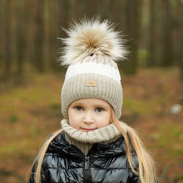Winterset Mädchen: Mütze und Schlauchschal mit Bommel Beige Riviera