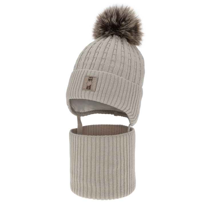 Winterset für Jungen: Mütze und Schlauchschal, mit Bommel, Beige, Fiamanto