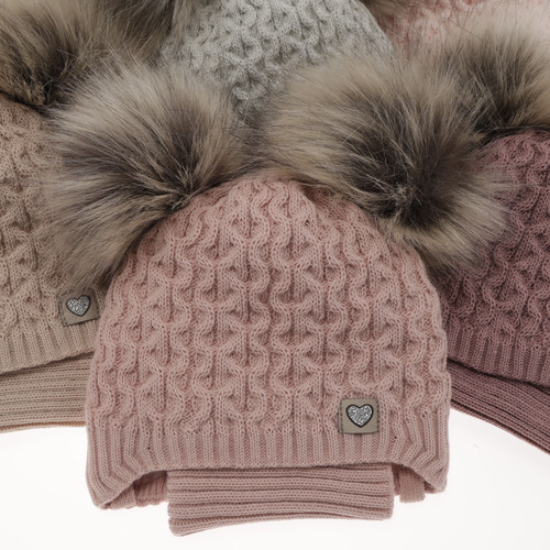 Winterset für Mädchen: Mütze und Schlauchschal mit zwei Bommeln in Beige Poliana