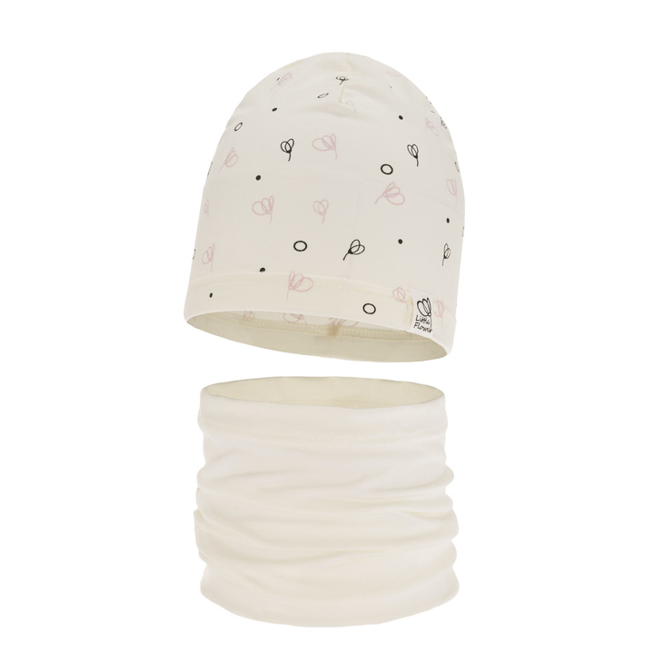 Herbst und Frühlingsset Mädchen baumwolle: Mütze und Schlauchschal Cremefarben Fiora