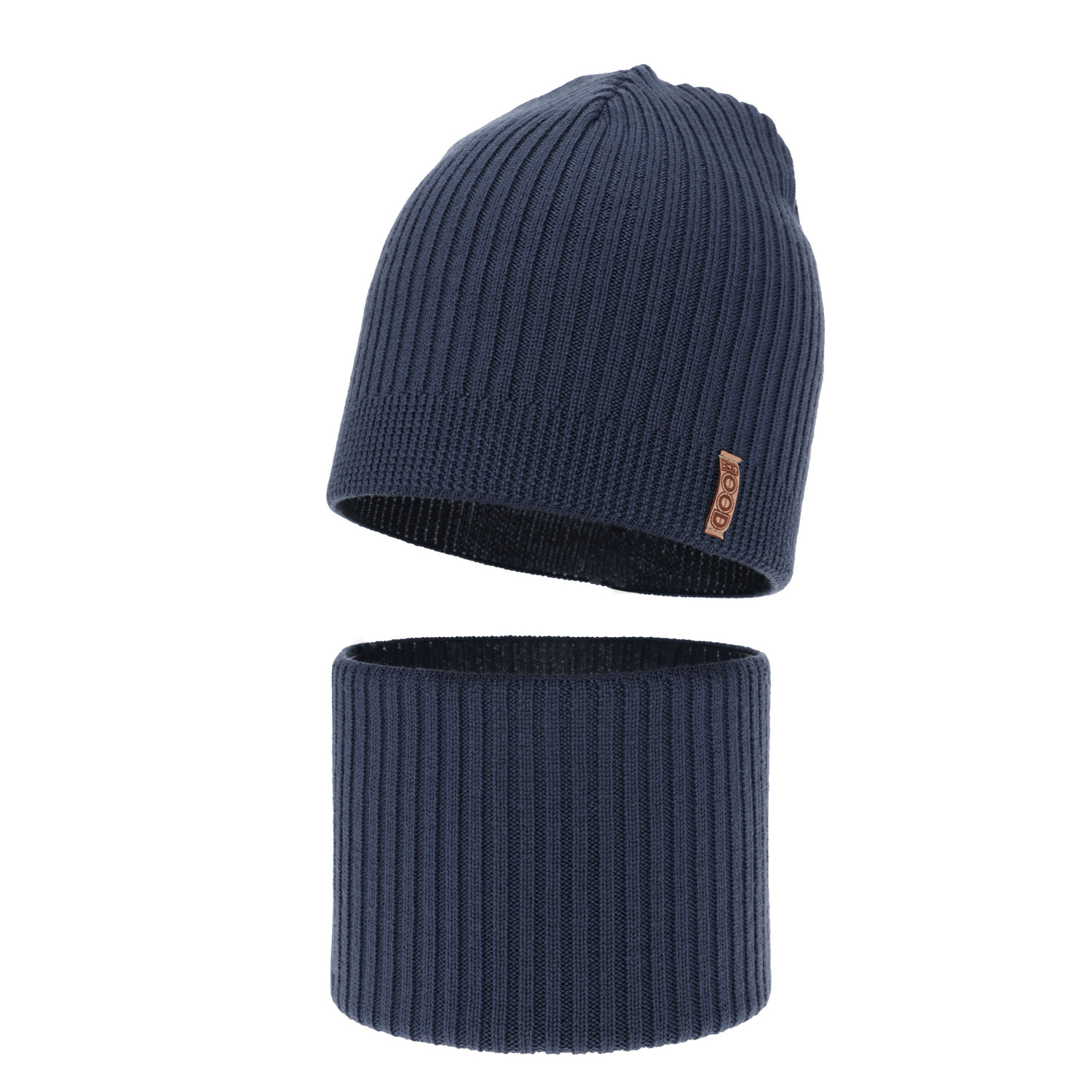 Herbst und Frühlingsset Jungen: Mütze und Schlauchschal 100% extrafeine Merinowolle Blau Chester