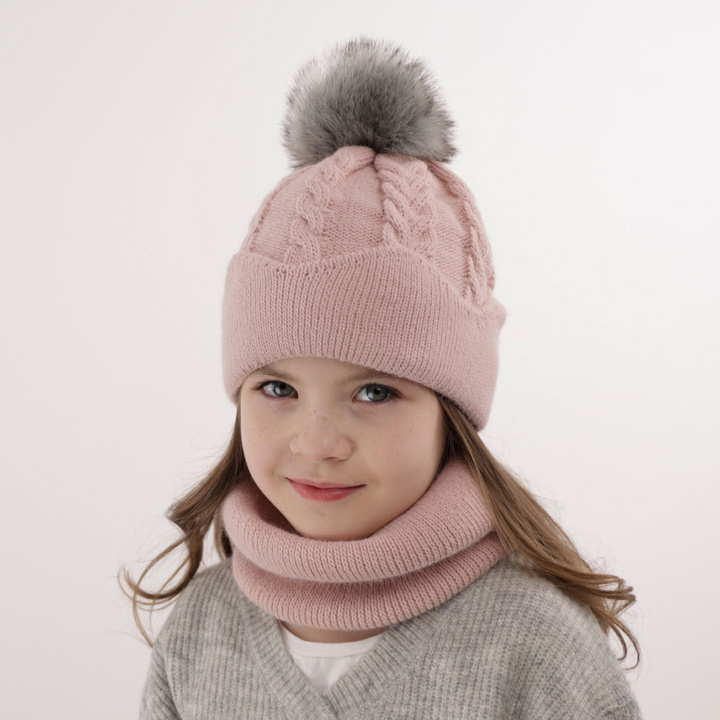 Winterset Mädchen: Mütze und Schlauchschal mit Bommel Beige Etula