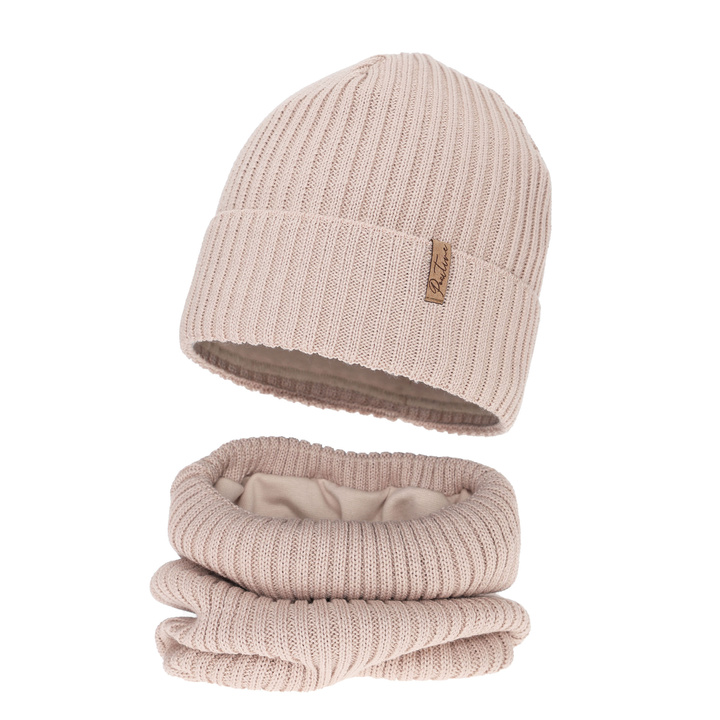 Winterset Mädchen: Mütze und Schlauchschal mit Polarfleece, beige, mit Merinowolle, Odette